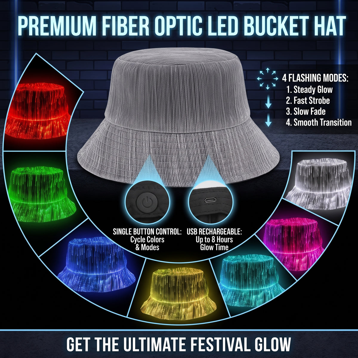 Fibre Optic LED Bucket Hat | 7-Colour Glow, USB Charging — Festival & Stage